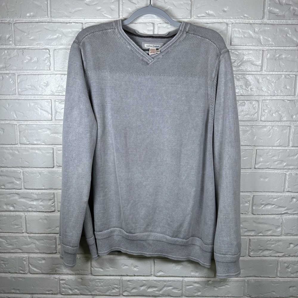 Carbon2cobalt Mens XL Grey Cotton Cashmere V-Neck Textured Pullover Sweater